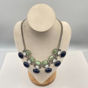 Vintage New York Necklace Silver Tone Blue Green White Cabochon Statement Bib